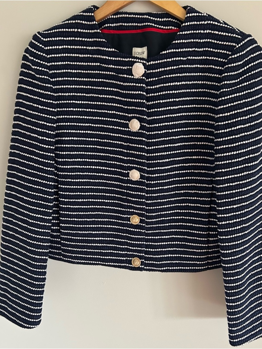 J. Crew Navy and White Striped Collarless Knit Blazer with Gold Buttons